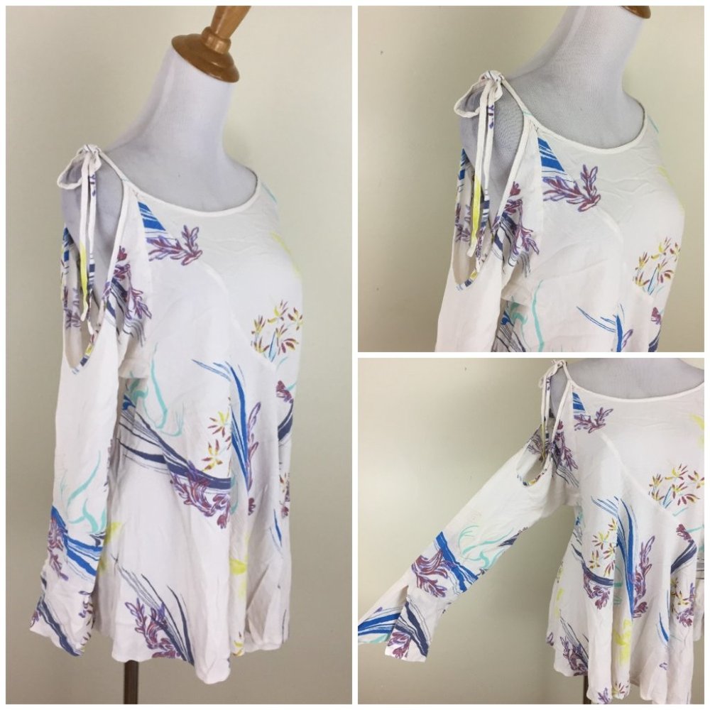 FREE PEOPLE Cold Shoulder Tie Floral Print Long Bell Sleeve Cuff Boho Dress
